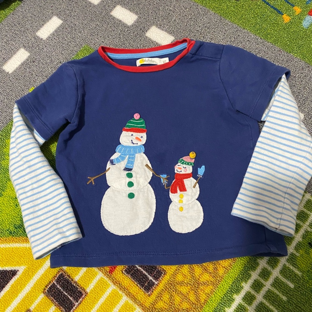 Boden boys Blue Long Sleeve Shirt with Snowman Design 2 3 2t 3T tshirt